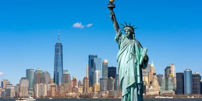 The Statue of Liberty over the Scene of New york cityscape river side which location is lower manhattan,Architecture and building with tourist concept